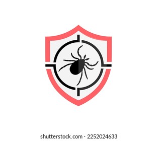 Pest control with shield, insect, chemical poison logo design. Pest control services, target, insects exterminator. Stop, warning, forbidden. Prohibited signs of mite vector design and illustration.