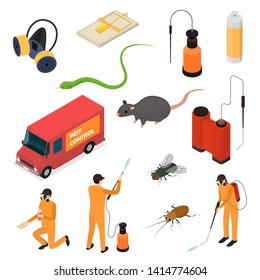 Pest Control Sign 3d Icon Set Isometric View Include of Rodent, Beetle, Aerosol, Trap and Worker. Vector illustration of Icons