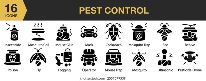 Pest Control solid icon set. Includes mask, cockroach, bee, beehive, mosquito, operator, drone, and More. Solid icons vector collection.