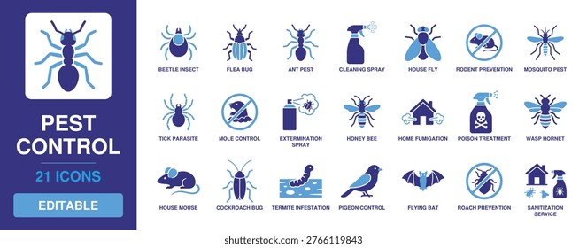 Pest Control Solid Vector Glyph Icon Set featuring beetle insect, flea bug, ant pest, cleaning spray, house fly, rodent prevention, mosquito pest, and tick parasite for sanitation.