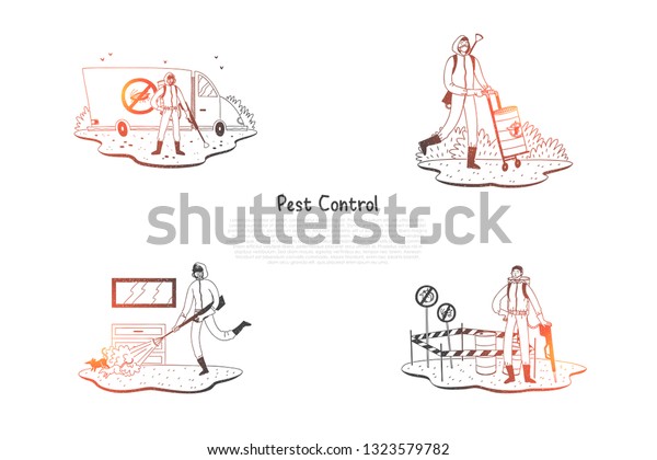 Pest control - special\
workers in uniform with equipment taking control of pests on nature\
and at home vector concept set. Hand drawn sketch isolated\
illustration