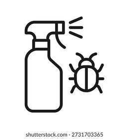 Schädlingsbekämpfung Sprayflasche und Bug, lineares Symbol. Ausrottung, Insektizid, Hygiene und Desinfektion