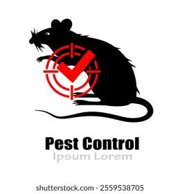 Pest control symbol with rat black silhouette isolated on white background. Parasites disinfection service logotype design. 