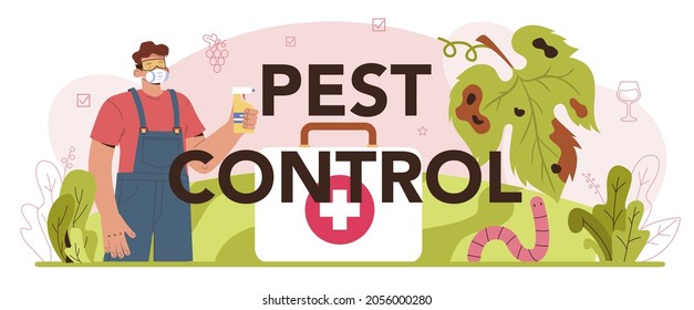 Pest control typographic header. Wine production concept. Grape tree selection and cultivation. Grape pest and disease prevention. Good harvest. Alcohol drink characteristics. Flat vector illustration