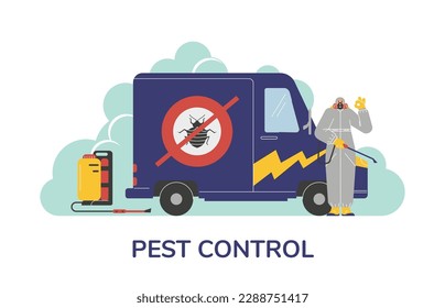 Pest control van with no parasites sign flat style, vector illustration isolated on white background. Specialist in protective suit showing ok gesture, design element, toxic smoke