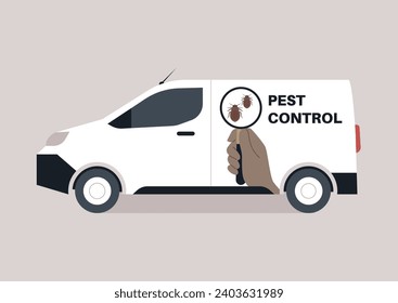 The pest control van prominently displays a logo featuring a magnifying glass focused on bed bugs, emphasizing their commitment to thorough pest inspection and eradication