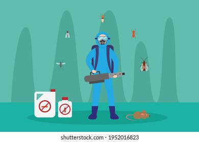 Pest control vector concept. Pest control worker holding insecticide sprayer while wearing protective suit