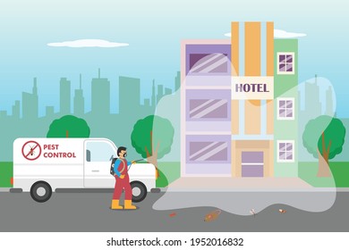 Pest control vector concept. Pest control worker spraying insecticide to a hotel building