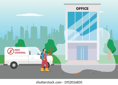 Pest control vector concept. Pest control worker spraying insecticide to an office building