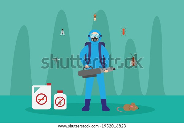 Pest control vector\
concept. Pest control worker holding insecticide sprayer while\
wearing protective suit