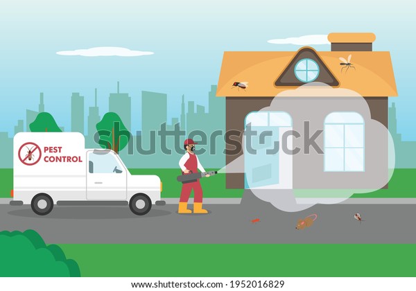 Pest control vector concept. Pest control worker\
spraying insecticide to a\
house