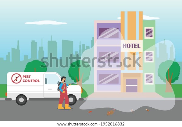 Pest control vector concept. Pest\
control worker spraying insecticide to a hotel\
building
