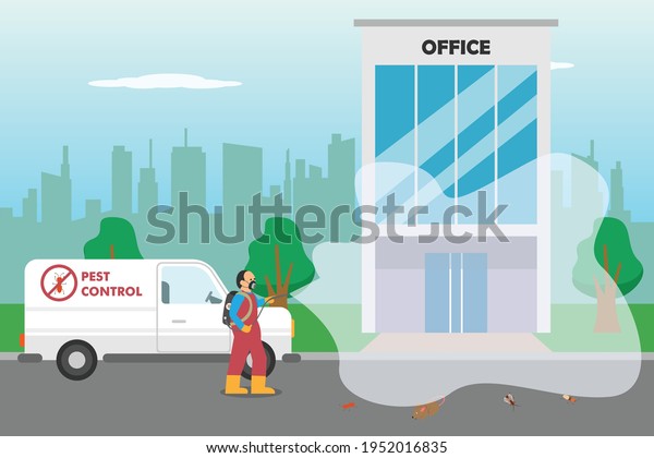 Pest control vector concept. Pest\
control worker spraying insecticide to an office\
building