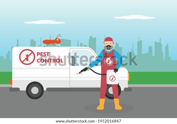 Pest control vector concept. Pest control worker\
with his truck