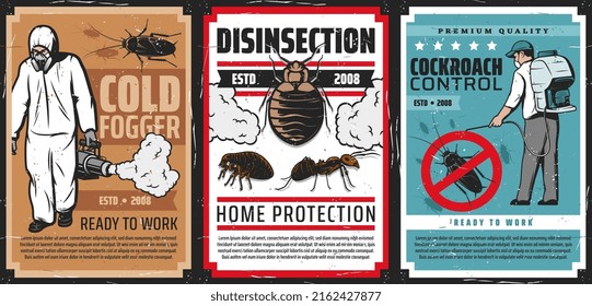 Pest control vector retro posters, cockroach control, home protection of insects, cold fogging method. Worker exterminator in chemical protective suit and mask spraying insecticide, flea, bug and ant