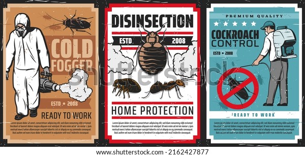 Pest control vector retro posters, cockroach control,\
home protection of insects, cold fogging method. Worker\
exterminator in chemical protective suit and mask spraying\
insecticide, flea, bug and\
ant