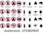 Pest control vector set collection group with insect rodent prohibition icons, bug mosquito rat cockroach symbol, no pest sign silhouette outline isolated design on transparent background.