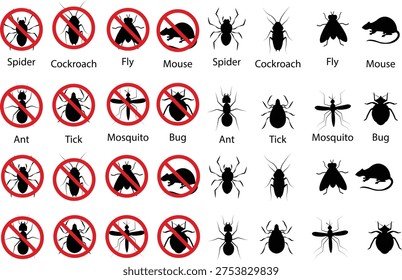 Grupo de colección del sistema del Vector del control de plagas con los iconos de la prohibición del roedor del insecto, símbolo de la cucaracha de la rata del mosquito del insecto, ningún diseño aislado de la silueta del signo de la plaga en el fondo transparente.