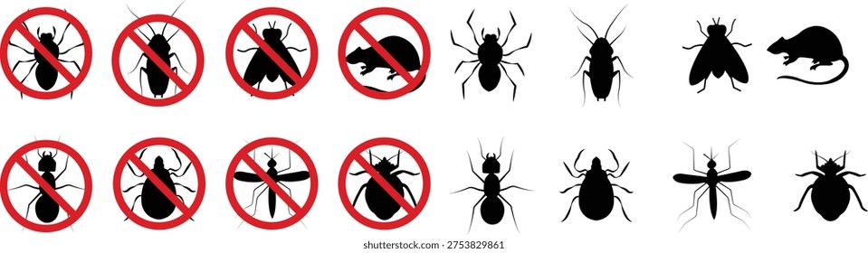 Pest control vector set collection group with insect rodent prohibition icons, bug mosquito rat cockroach symbol, no pest sign silhouette outline isolated design on transparent background.