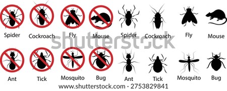 Pest control vector set collection group with insect rodent prohibition icons, bug mosquito rat cockroach symbol, no pest sign silhouette outline isolated design on transparent background.