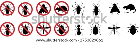 Pest control vector set collection group with insect rodent prohibition icons, bug mosquito rat cockroach symbol, no pest sign silhouette outline isolated design on transparent background. Stock photo © 