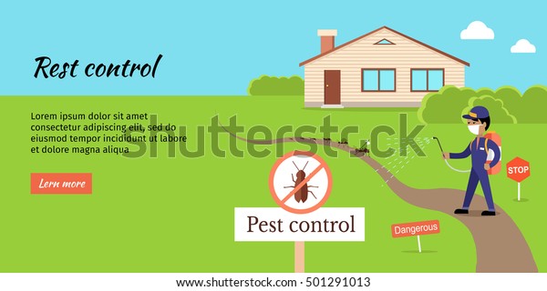 Pest control vector web banner. Flat design. Man\
in uniform with face mask spray pesticides from sprayer  near\
house. Chemical treatment against ants, termites, cockroaches,\
fleas, agricultural\
pests.