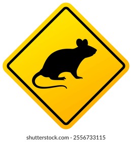 Pest control warning sign with mouse silhouette, vector yellow security placard isolated on white background. 