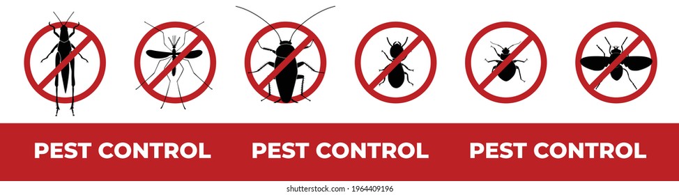 Pest control web banner design. Minimal graphic illustration with red circle prohibition signs of six insect pests: grasshopper, mosquito, cockroach, termite, bedbug, fly.