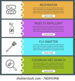 Pest control web banner templates set. Respirator, insects repellent, fly-swatter, cockroaches search. Website color menu items. Vector headers design concepts