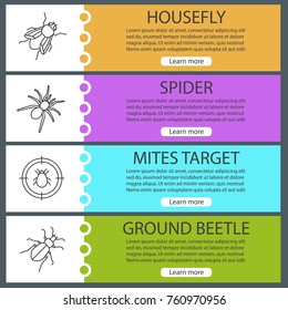 Pest control web banner templates set. Housefly, spider, mites target, ground beetle. Website color menu items. Vector headers design concepts
