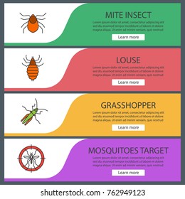 Pest control web banner templates set. Mite, louse, grasshopper, mosquitoes target. Website color menu items with linear icons. Vector headers design concepts