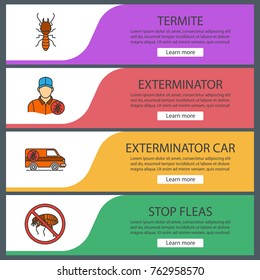 Pest control web banner templates set. Termite, exterminator's car, stop fleas. Website color menu items with linear icons. Vector headers design concepts