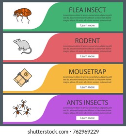 Pest control web banner templates set. Flea, rodent, mousetrap, ants. Website color menu items with linear icons. Vector headers design concepts