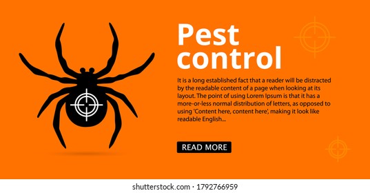 Pest control web banner with text space. silhouette of a spider on an orange background. leaflet with information spider control, treatment of premises 