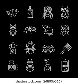 Pest control, white line icons. Symbols for exterminating pests like insects and rodents. environmental and home care themes. Symbols on black background. Editable stroke.