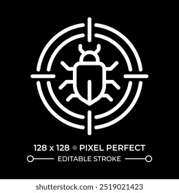 Pest control white linear icon for dark theme. Bug extermination. Pest control service. Eradicate insects. Malicious for plants. Thin line illustration. Isolated symbol for night mode. Editable stroke