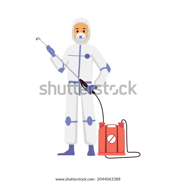 Pest control worker in protective\
white costume holding blowgun of barrel with pesticide or poison,\
flat vector illustration isolated on white\
background.