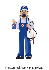 Pest control worker in protective workwear and respirator holds pesticide sprayers. Handsome cartoon character. Pest Control Services concept. Vector illustration