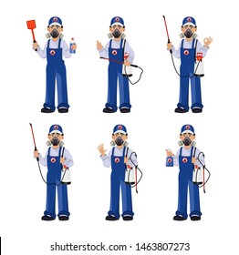 Pest control worker in protective workwear with pesticide sprayer, set of six poses. Handsome cartoon character. Pest Control Services concept. Vector illustration