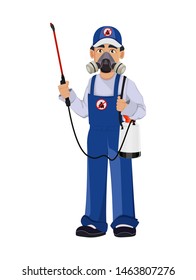 Pest control worker in protective workwear holds pesticide sprayer. Handsome cartoon character. Pest Control Services concept. Vector illustration