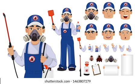 Pest control worker in protective workwear with pesticide sprayer, pack of emotions, body parts and things. Handsome cartoon character. Pest Control Services concept. Vector illustration