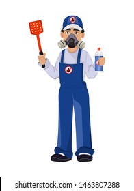 Pest control worker in protective workwear and respirator holds pesticide sprayer and fly swatter. Handsome cartoon character. Pest Control Services concept. Vector illustration