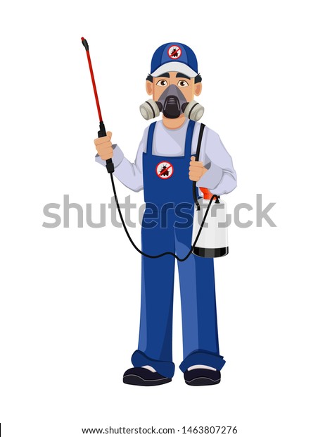 Pest control worker in protective workwear\
holds pesticide sprayer. Handsome cartoon character. Pest Control\
Services concept. Vector\
illustration