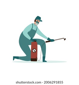 Pest control worker spraying chemical exterminator. Cartoon man in industrial protective suit and respirator mask using pesticide sprayer, isolated vector illustration.