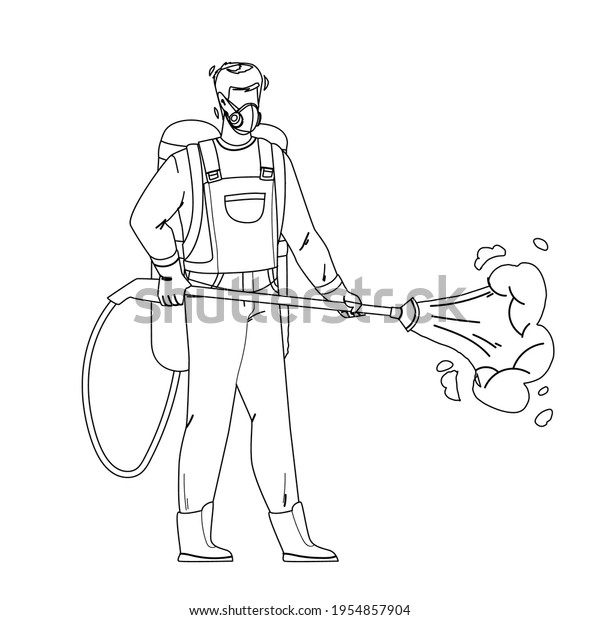 Pest Control Worker Spraying Pesticides Black Line\
Pencil Drawing Vector. Pest Control Service Working Man Spray\
Chemical Toxic Liquid With Professional Equipment. Character Insect\
Exterminator 