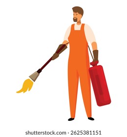 Pest control worker wearing orange overalls, holding a gas cylinder and a sprayer with fire