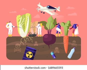 Pest Control Workers Characters in Chemical Protective Suit and Mask Spraying Insecticides and Pesticides with Sprayers, Huge Vegetables in Toxic Polluted Soil. Cartoon People Vector Illustration