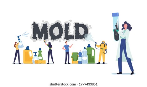Pest Control Workers Characters in Suit, Glasses and Respirator Spraying Disinfectant Fighting with Black Mold. Tiny People with Huge Bottles, Scientist with Test Tube. Cartoon Vector Illustration