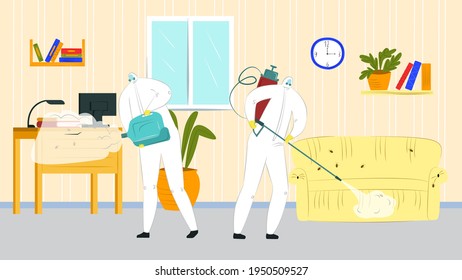 Pest control,chemical spray against bug, vector illustration. Professional worker man in uniform, mask spray pesticide for insect prevenetion