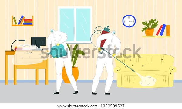 Pest control,chemical spray against bug,\
vector illustration. Professional worker man in uniform, mask spray\
pesticide for insect\
prevenetion